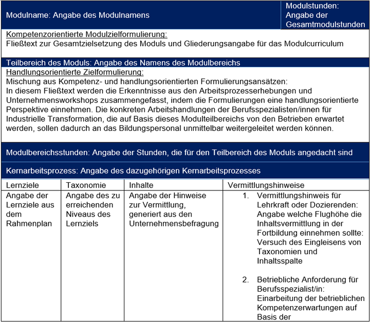 Tabelle 1: Modulbeschreibungsvorlage des InnoVET-Projektes BIRD für ein bereichsübergreifendes Modulcurriculum (Müller 2023, 67f.)